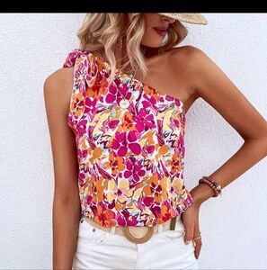 Pink multicolor one shoulder top